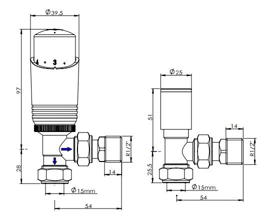 Sandy Beach Anthracite TRV Thermostatic 15mm Angled Straight Radiator Valve with Lockshield Valve