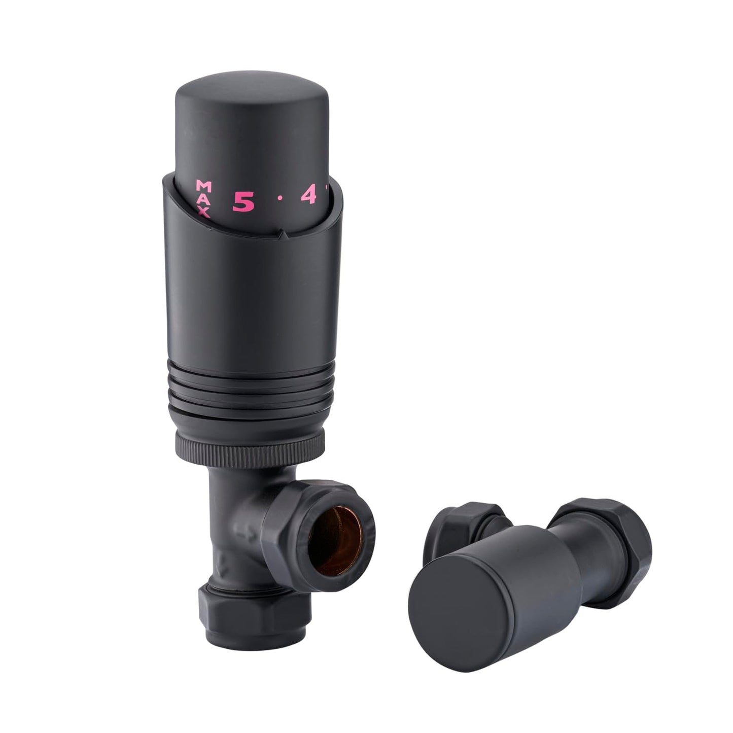 Sandy Beach Black TRV Thermostatic 15mm Angled Straight Radiator Valve with Lockshield Valve