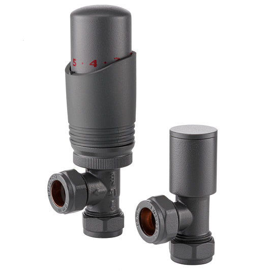 Sandy Beach Anthracite TRV Thermostatic 15mm Angled Straight Radiator Valve with Lockshield Valve