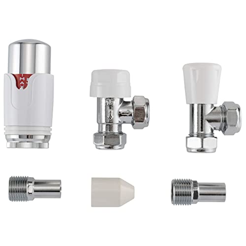 Sandy Beach Central Heating TRV Thermostatic 15mm Angled Straight Chrome Towel Radiator Valve with Lockshield Valve