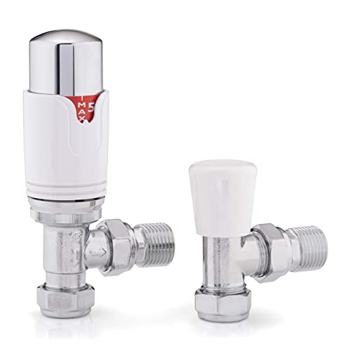 Sandy Beach Central Heating TRV Thermostatic 15mm Angled Straight Chrome Towel Radiator Valve with Lockshield Valve