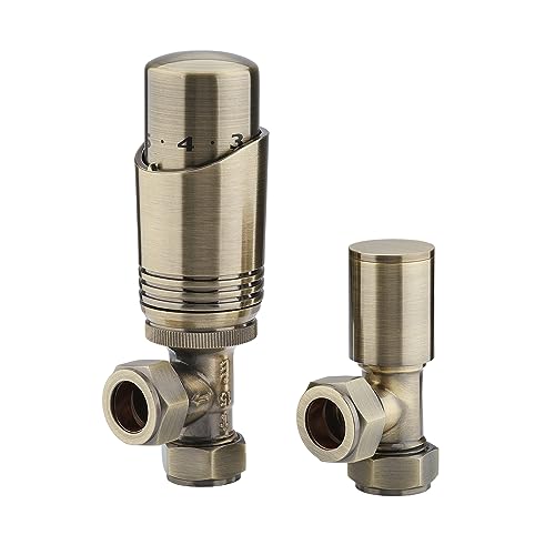 Sandy Beach Antique Brass TRV Thermostatic 15mm Angled Straight Radiator Valve with Lockshield Valve