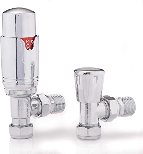 Sandy Beach Central Heating TRV Thermostatic 15mm Angled Straight Chrome Towel Radiator Valve with Lockshield Valve