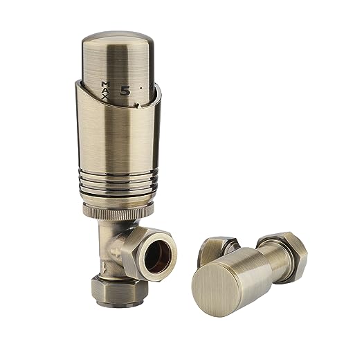 Sandy Beach Antique Brass TRV Thermostatic 15mm Angled Straight Radiator Valve with Lockshield Valve