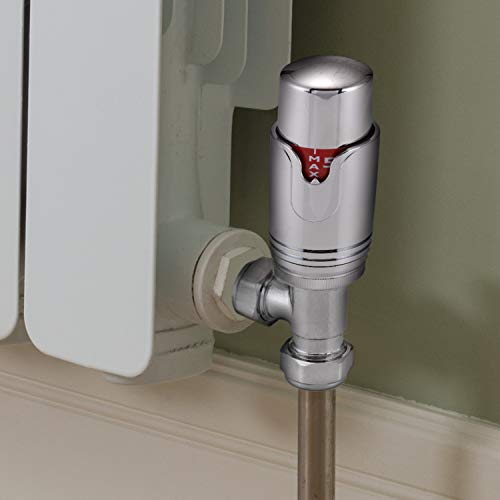 Sandy Beach Central Heating TRV Thermostatic 15mm Angled Straight Chrome Towel Radiator Valve with Lockshield Valve