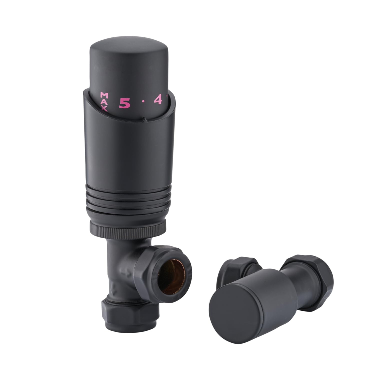Sandy Beach Black TRV Thermostatic 15mm Angled Straight Radiator Valve with Lockshield Valve
